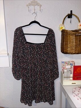 Lucky Brand Black Floral Square-Neck Mini Dress